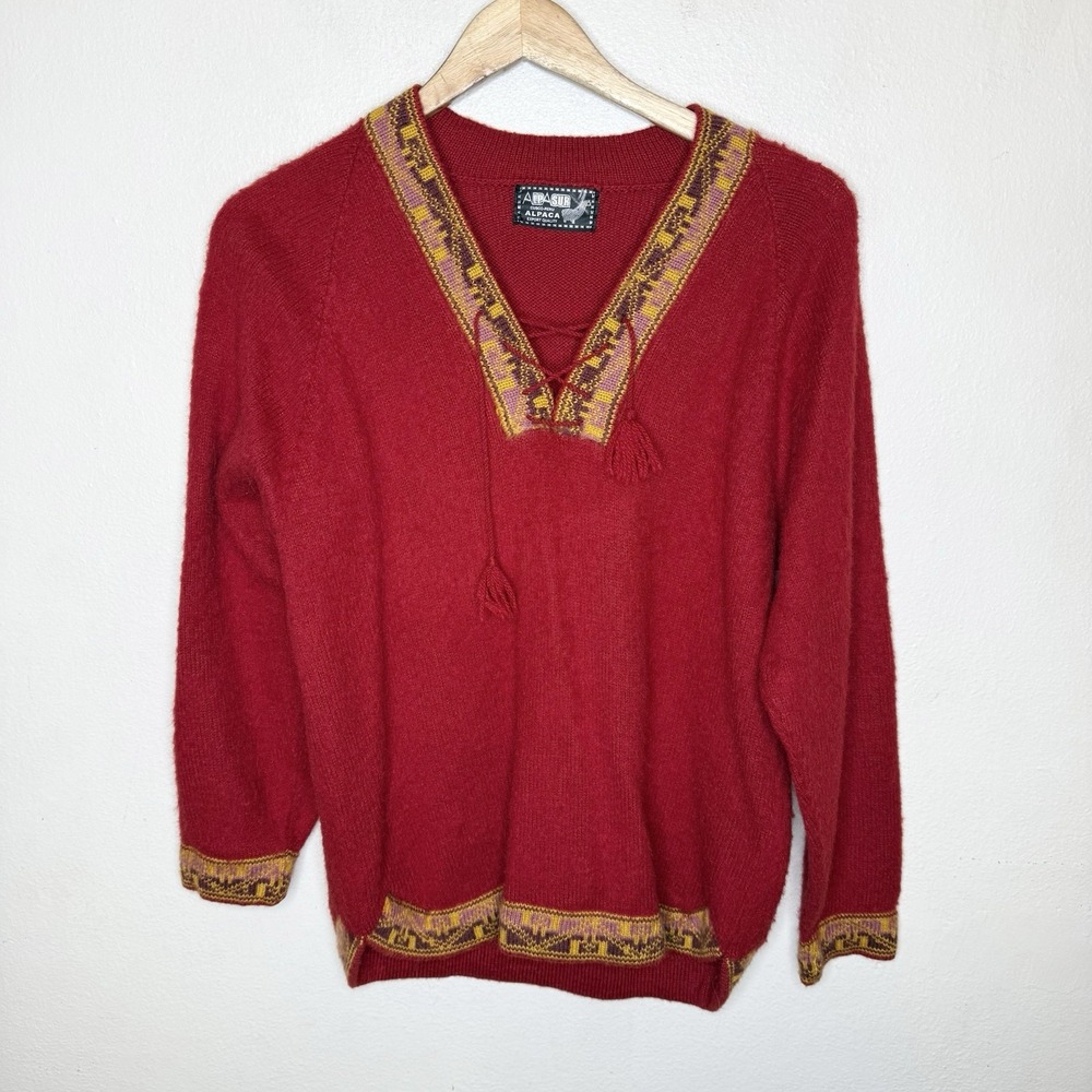 Alpasur‎ Red Alpaca Long Sleeve Sweater One Size Colorful Trim Lace Up Neckline